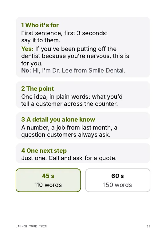 Page 18 of the guide, from Module 4: the four-part script shape (who it's for, the point, a detail you alone know, one next step) and the word counts for 45 and 60-second clips