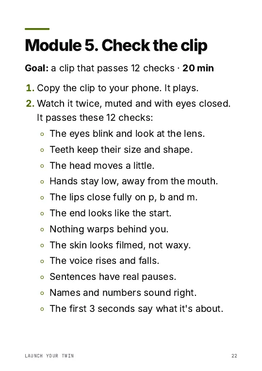 Page 22 of the guide: Module 5, Check the clip, and its list of 12 checks, from the eyes that blink and look at the lens to the first 3 seconds that say what the clip is about
